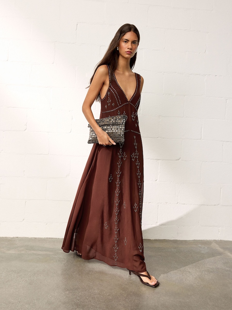 brown beaded maxi dress Buy BHOEM Chocolate Event from Next Jamaica Long Cool Woman (In Botanical print maxi dress Back elasticated band Size:Custom Made
