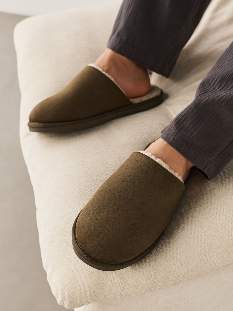 Khaki Green Microsuede Mule Slippers - Image 1 of 2 Khaki Green Microsuede Mule Slippers - Image 1 of 2