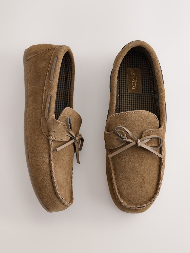 Taupe Brown Suede Bow Moccasins - Image 1 of 6 Taupe Brown Suede Bow Moccasins - Image 1 of 6