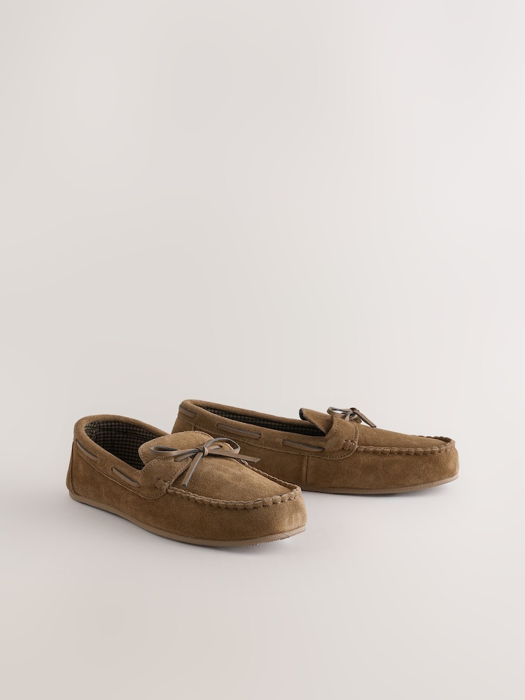 Taupe Brown Suede Bow Moccasins - Image 2 of 6 Taupe Brown Suede Bow Moccasins - Image 2 of 6