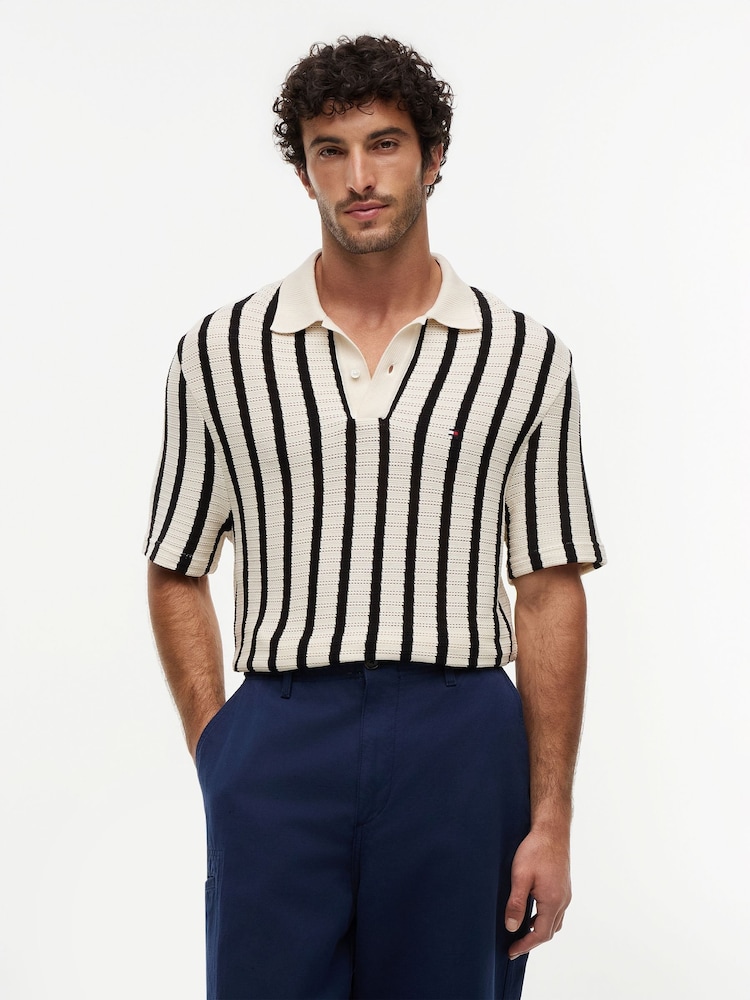 Tommy Hilfiger Muslin/Black Relaxed Fit Open Knit Polo Shirt - Image 1 of 5