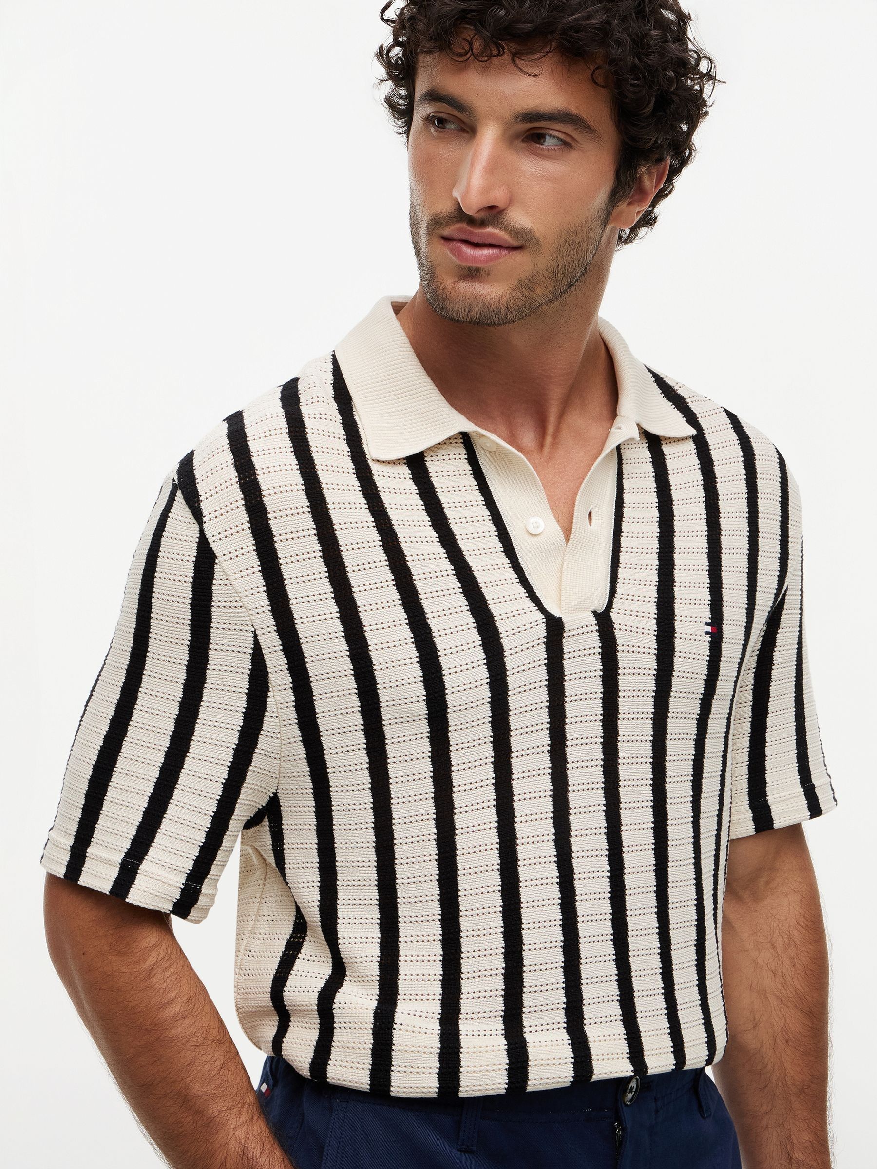 Buy Tommy Hilfiger Muslin/Black Relaxed Fit Open Knit Polo Shirt