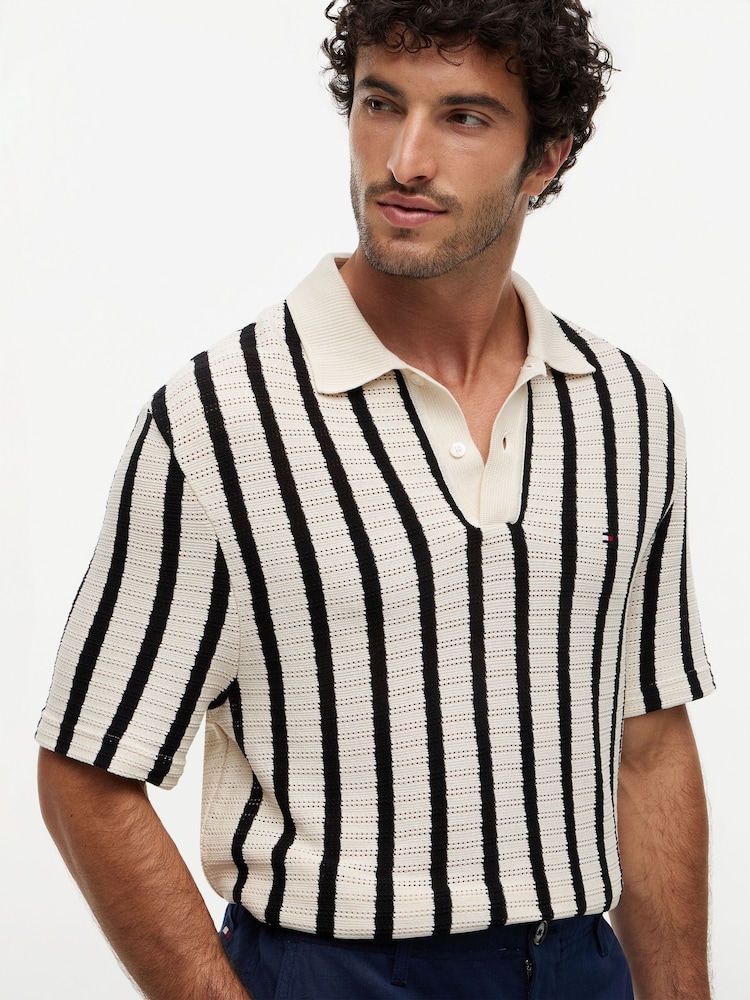 Tommy Hilfiger Muslin/Black Relaxed Fit Open Knit Polo Shirt - Image 2 of 5