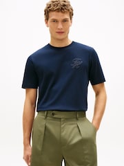 أزرق - Tommy Hilfiger Tonal Logo Embroidery Crew Neck T-Shirt - Image 1 of 5