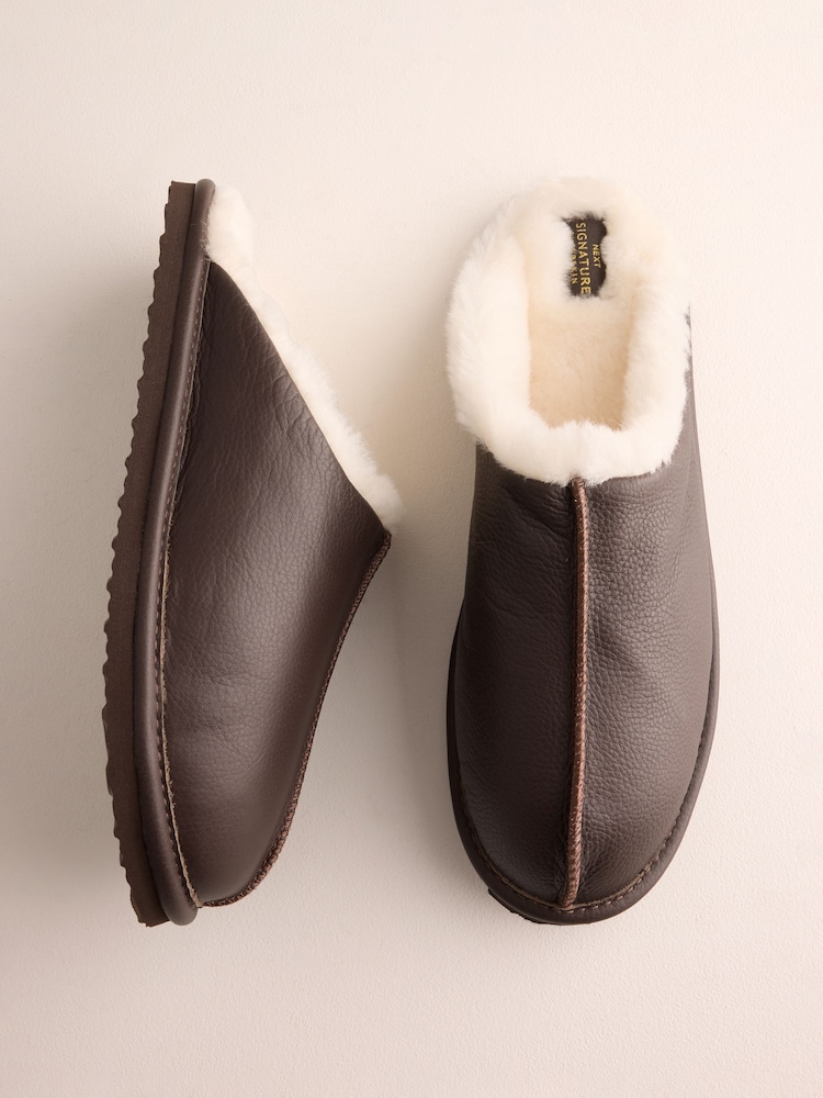 Brown Signature Leather Mule Slippers - Image 1 of 6 Brown Signature Leather Mule Slippers - Image 1 of 6