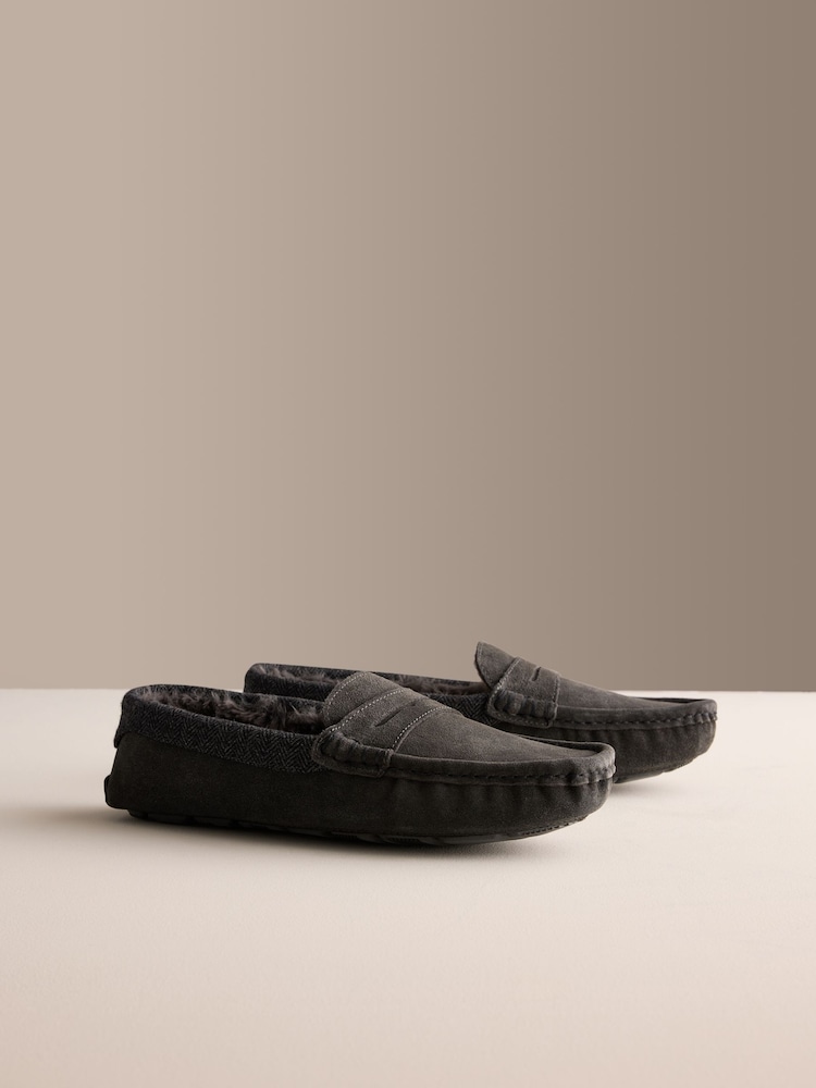 Grey Suede Moccasin Slippers - Image 1 of 6 Grey Suede Moccasin Slippers - Image 1 of 6