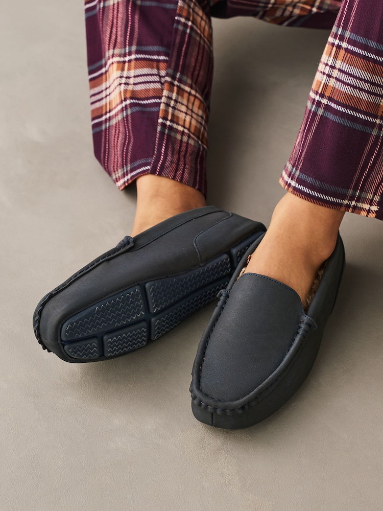 Navy Faux Fur Lined Moccasin Slippers - Image 2 of 7 Navy Faux Fur Lined Moccasin Slippers - Image 2 of 7