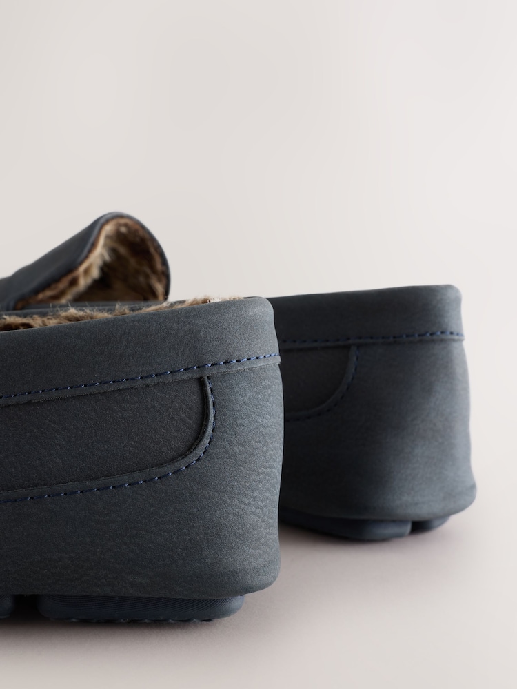 Navy Faux Fur Lined Moccasin Slippers - Image 7 of 7 Navy Faux Fur Lined Moccasin Slippers - Image 7 of 7