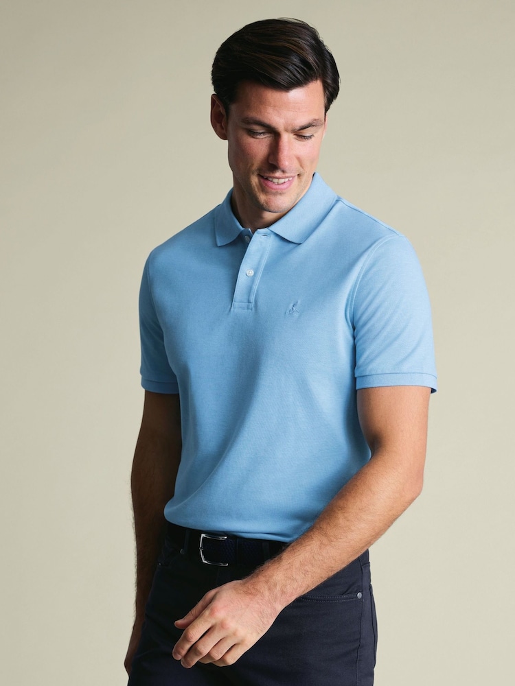 Charles Tyrwhitt Blue Short Sleeve Cotton Stretch Pique Polo Shirt - Image 1 of 5