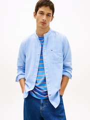 Tommy Jeans Blue Regular Fit Band Collar Linen Blend Shirt - Image 1 of 5