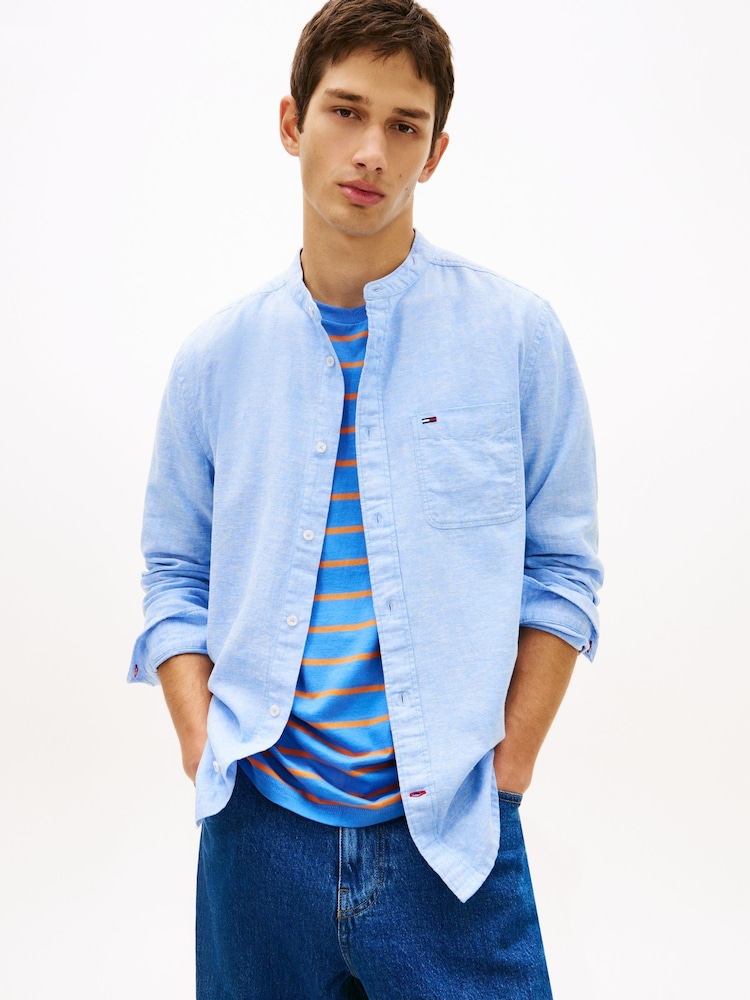 Tommy Jeans Blue Regular Fit Band Collar Linen Blend Shirt - Image 1 of 5