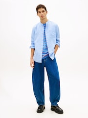 Tommy Jeans Blue Regular Fit Band Collar Linen Blend Shirt - Image 2 of 5