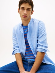 Tommy Jeans Blue Regular Fit Band Collar Linen Blend Shirt - Image 4 of 5