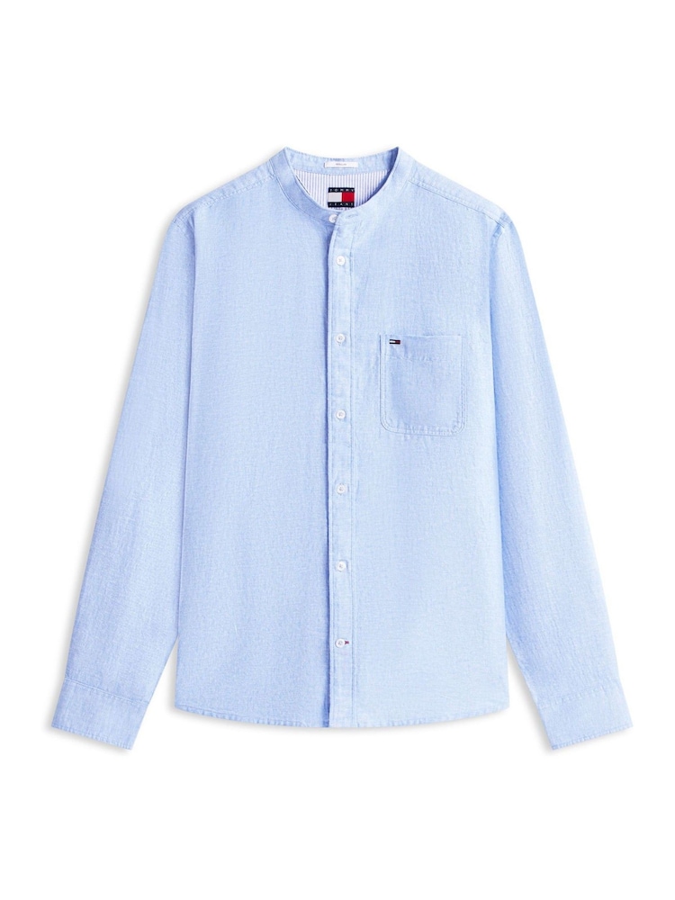 Tommy Jeans Blue Regular Fit Band Collar Linen Blend Shirt - Image 5 of 5