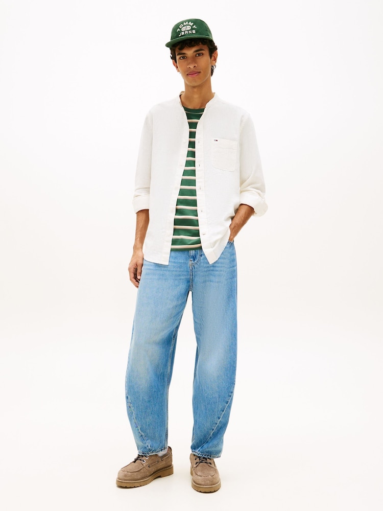 Tommy Jeans White Regular Fit Band Collar Linen Blend Shirt - Image 2 of 5