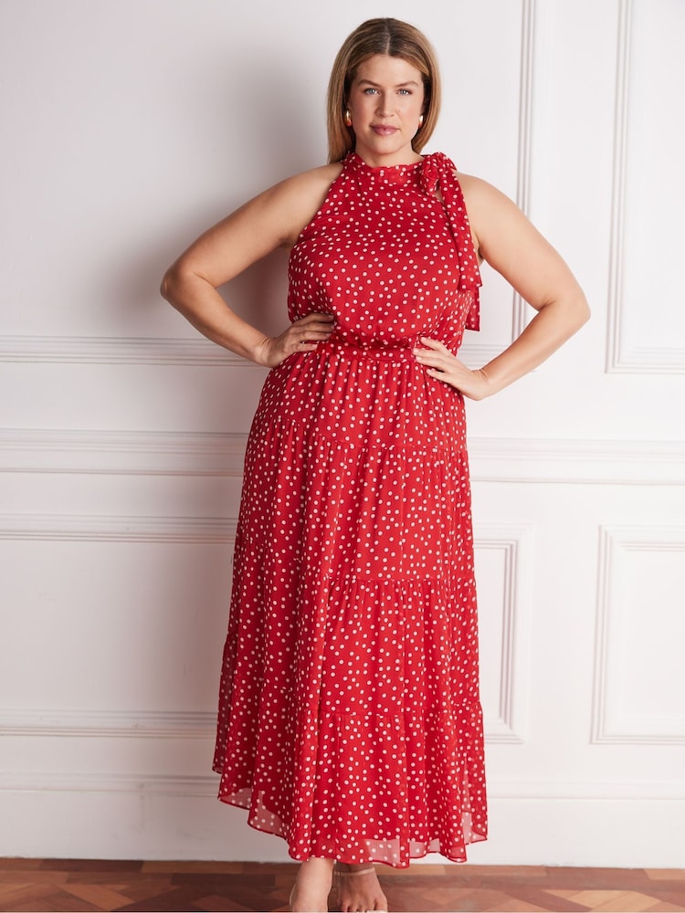 Live Unlimited Red Polka Dot Halter Neck Dress - Image 5 of 5