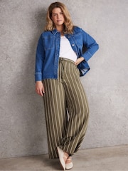 Live Unlimited Green Petite Khaki Striped Wide Leg Drawstring Trousers - Image 2 of 4