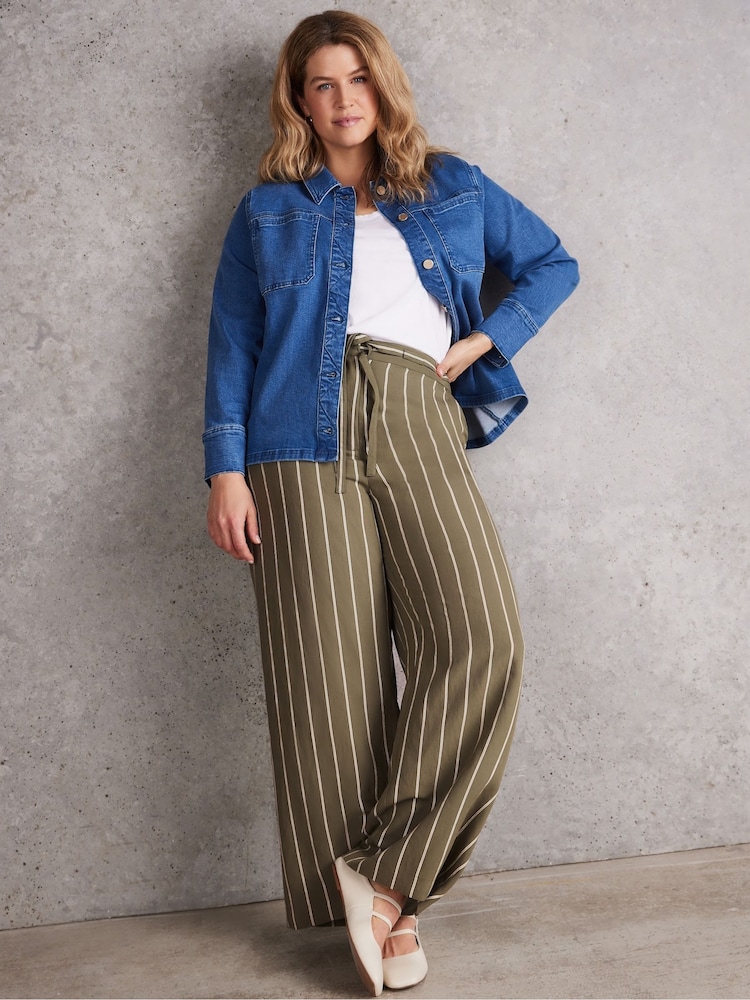 Live Unlimited Green Petite Khaki Striped Wide Leg Drawstring Trousers - Image 2 of 4