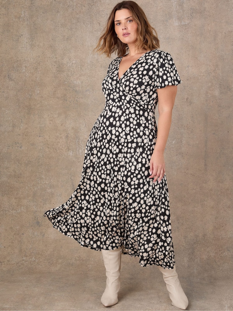 Live Unlimited Black Ditsy Wrap Front Short Sleeve Midaxi Dress - Image 1 of 5