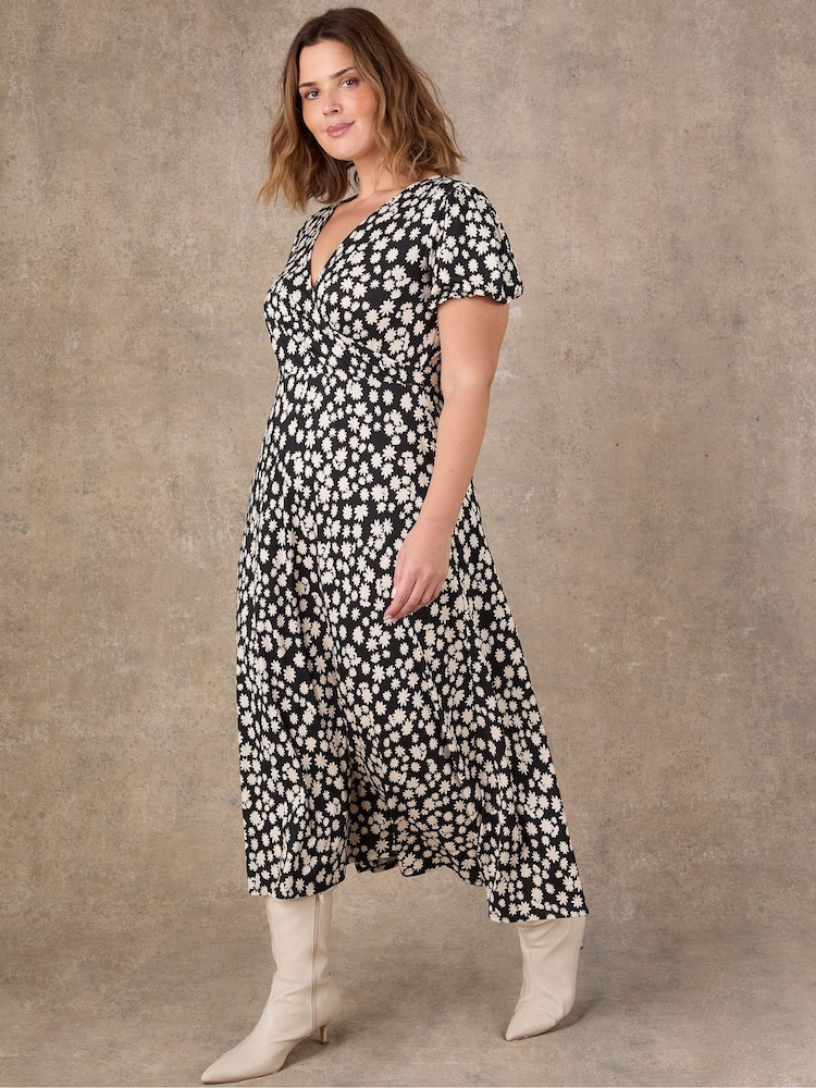 Live Unlimited Black Ditsy Wrap Front Short Sleeve Midaxi Dress - Image 2 of 5