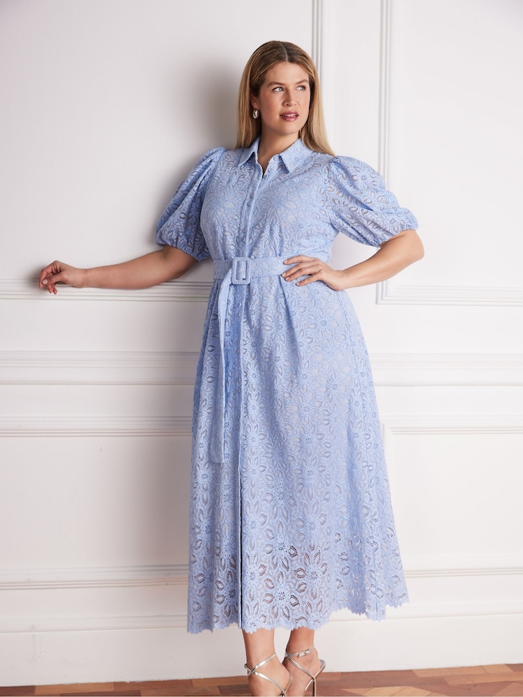 Live Unlimited Puff Sleeve Button Though Belted Lace Dress - Imaginea 1 din 5
