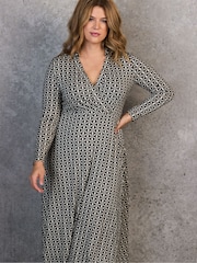 Live Unlimited Black Petite Geo Print Collar Wrap Jersey Dress - Image 2 of 4