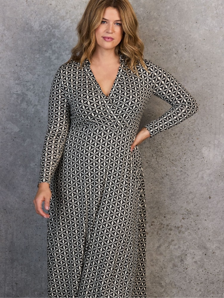 Live Unlimited Black Petite Geo Print Collar Wrap Jersey Dress - Image 2 of 4 Live Unlimited Black Petite Geo Print Collar Wrap Jersey Dress - Image 2 of 4