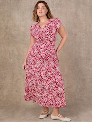 Live Unlimited Red Ditsy Print Ruched Short Sleeve Dress - Image 1 of 4
