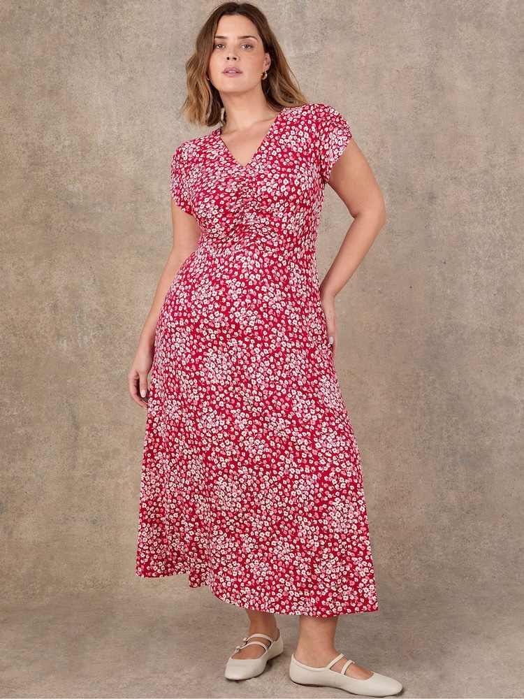 Live Unlimited Red Ditsy Print Ruched Short Sleeve Dress - Image 1 of 4