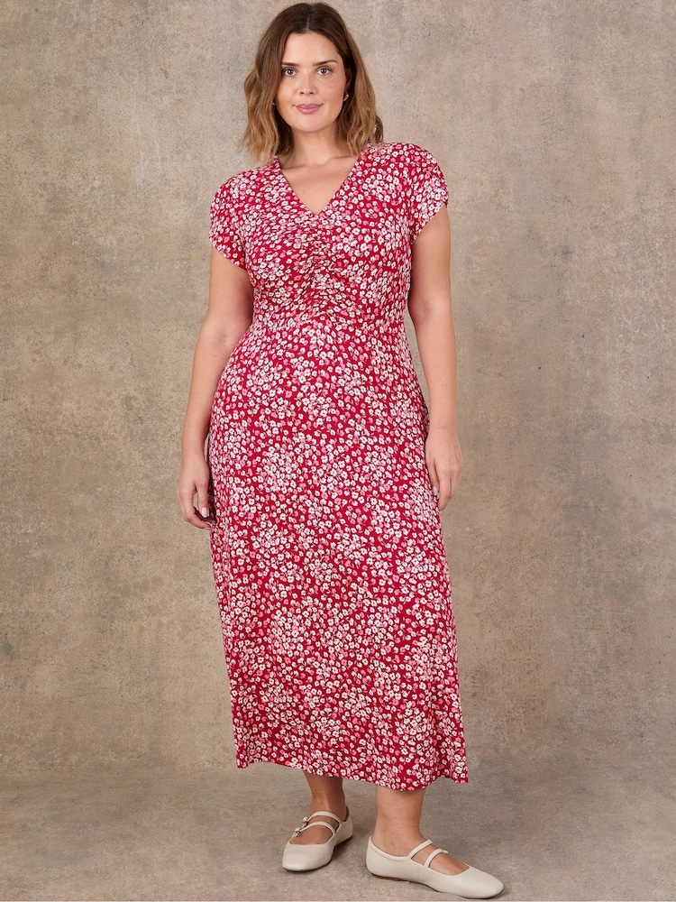 Live Unlimited Red Ditsy Print Ruched Short Sleeve Dress - Image 2 of 4