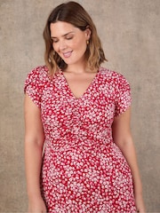 Live Unlimited Red Ditsy Print Ruched Short Sleeve Dress - Image 3 of 4
