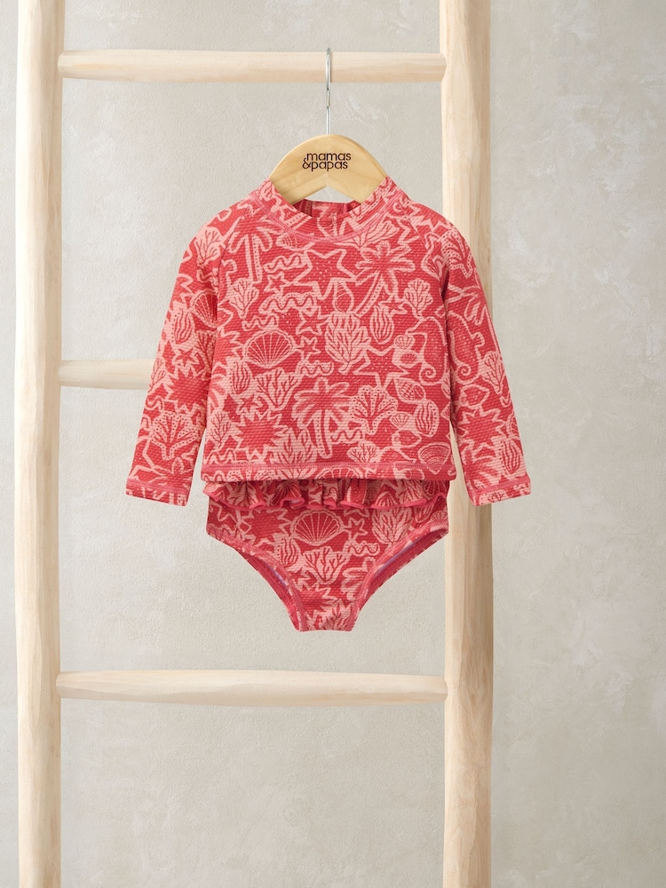 Mamas & Papas Pink Seahorse Print Long Sleeve Swim Top & Bottoms Set - Image 1 of 4 Mamas & Papas Pink Seahorse Print Long Sleeve Swim Top & Bottoms Set - Image 1 of 4