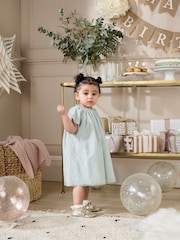 Mamas & Papas Green Floral Embroidered Detail Mesh Dress - Image 1 of 4