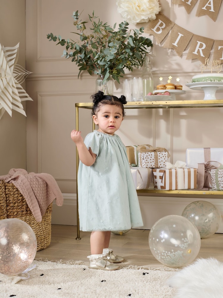 Mamas & Papas Green Floral Embroidered Detail Mesh Dress - Image 1 of 4 Mamas & Papas Green Floral Embroidered Detail Mesh Dress - Image 1 of 4