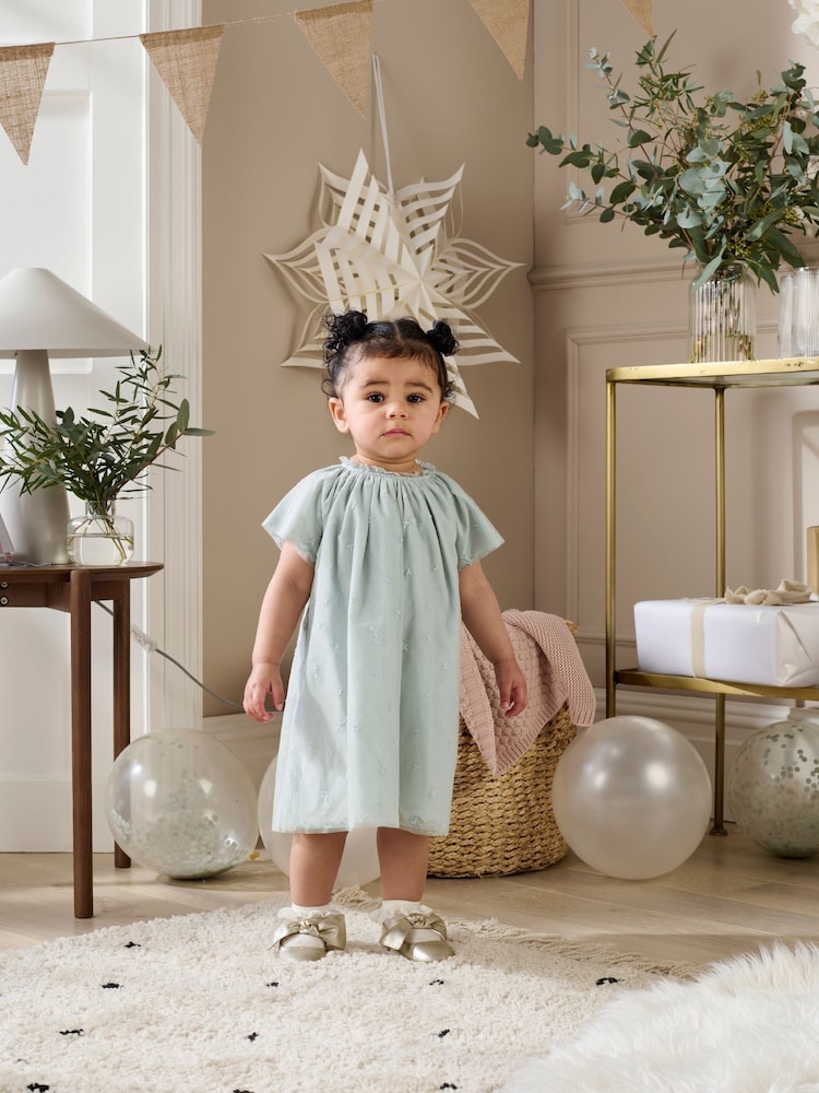 Mamas & Papas Green Floral Embroidered Detail Mesh Dress - Image 2 of 4 Mamas & Papas Green Floral Embroidered Detail Mesh Dress - Image 2 of 4