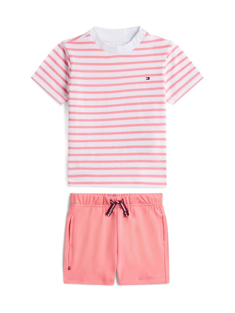 Tommy Hilfiger Pink Essential Stripe T-Shirt And Shorts Set - Image 1 of 2 Tommy Hilfiger Pink Essential Stripe T-Shirt And Shorts Set - Image 1 of 2