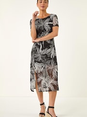 فستان شبكي قابل للتمدد بكُم منفوخ بطبعة تجريدية للأحجام الصغيرة من Roman - Image 2 of 5