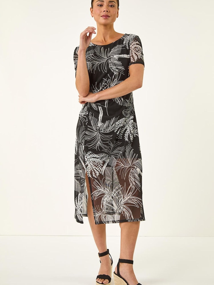 فستان شبكي قابل للتمدد بكُم منفوخ بطبعة تجريدية للأحجام الصغيرة من Roman - Image 2 of 5