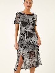 فستان شبكي قابل للتمدد بكُم منفوخ بطبعة تجريدية للأحجام الصغيرة من Roman - Image 4 of 5