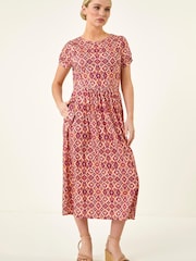 برتقالي - Roman Petite Abstract Gathered Waist Dress - Image 2 of 5