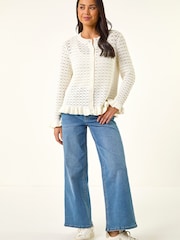 Roman White Textured Frill Hem Knit Cardigan - Image 2 of 5