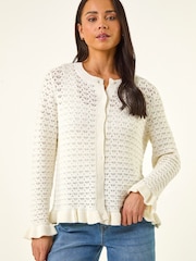 Roman White Textured Frill Hem Knit Cardigan - Image 4 of 5