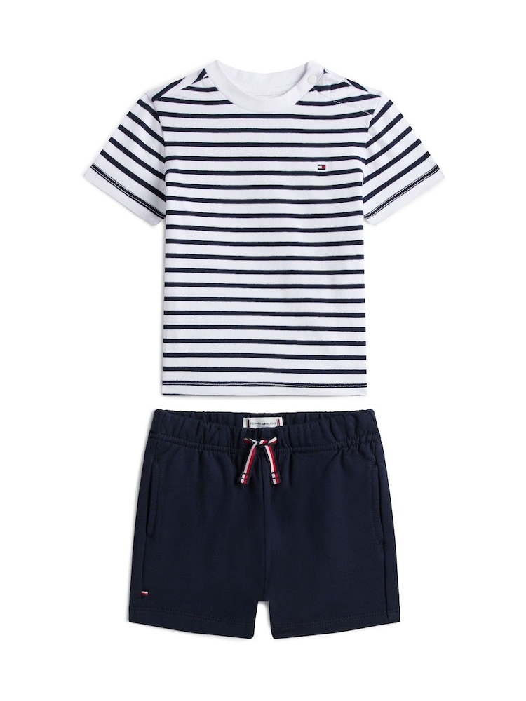 Tommy Hilfiger Blue Essential Stripe T-Shirt And Shorts Set - Image 1 of 2 Tommy Hilfiger Blue Essential Stripe T-Shirt And Shorts Set - Image 1 of 2