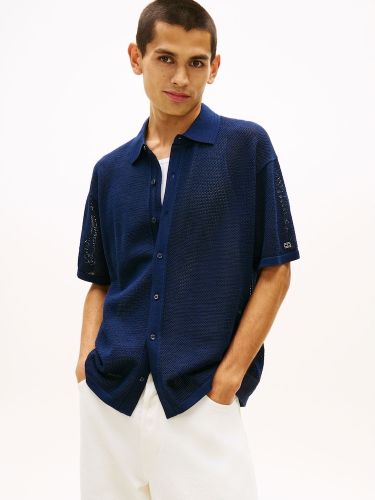 Tommy Hilfiger Blue Smart Casual Relaxed Fit Waffle Knit Shirt - Image 1 of 5