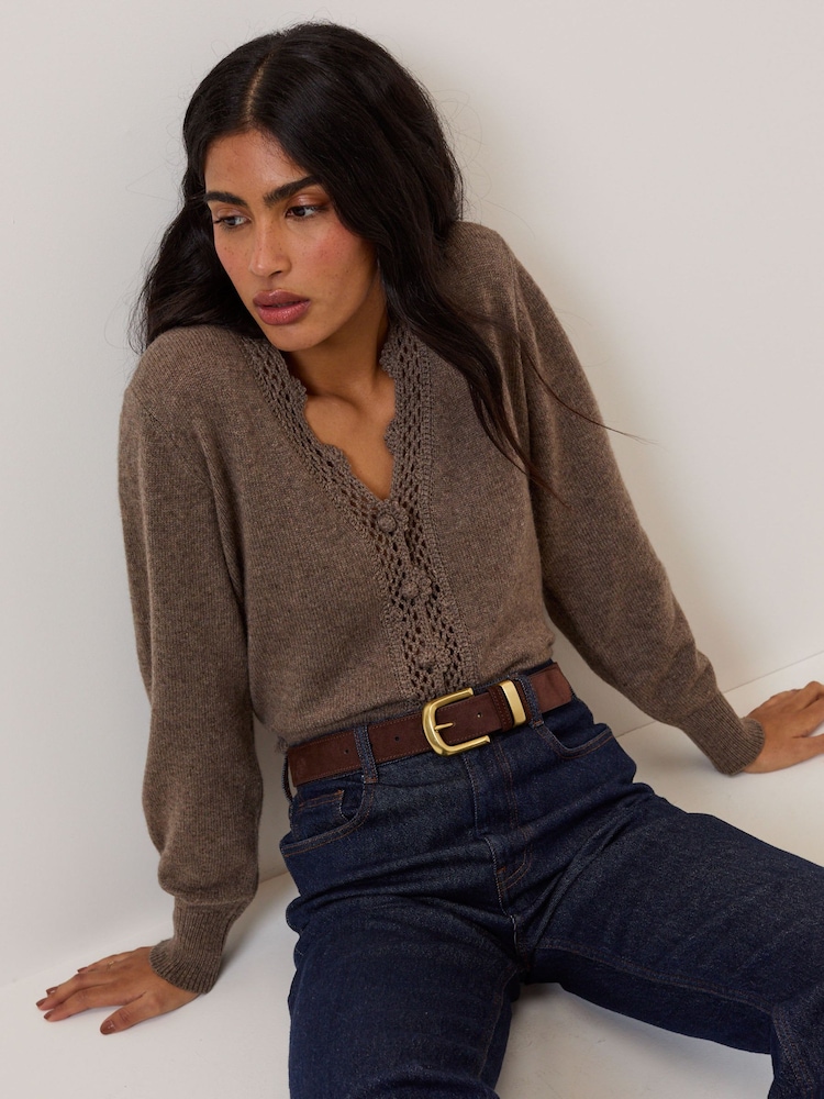 Nobodys Child Brown Crochet Trim V-Neck Cardigan - Image 2 of 5