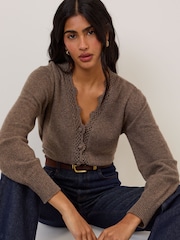 Nobodys Child Brown Crochet Trim V-Neck Cardigan - Image 3 of 5