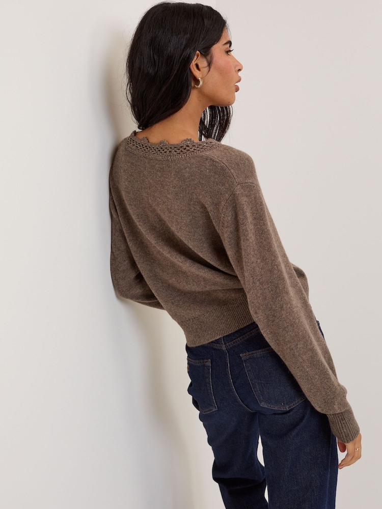 Nobodys Child Brown Crochet Trim V-Neck Cardigan - Image 5 of 5