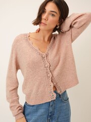 Nobodys Child Pink Crochet Trim V-Neck Cardigan - Image 1 of 4