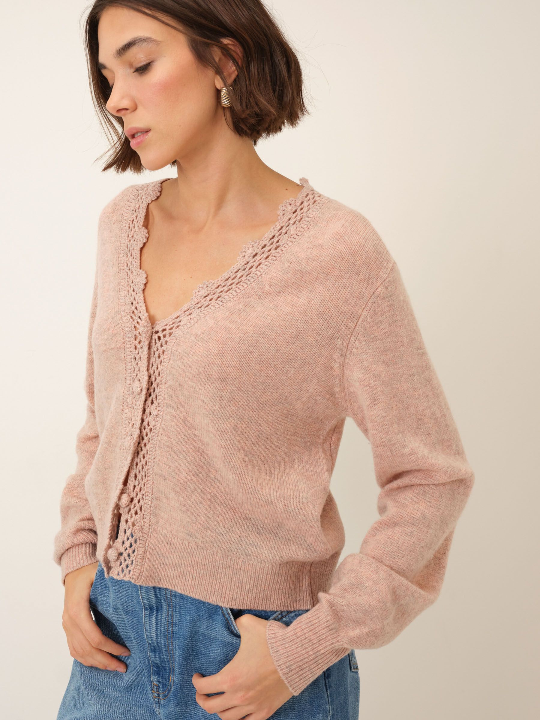 Buy Nobodys Child Pink Crochet Trim V-Neck Cardigan from the Next