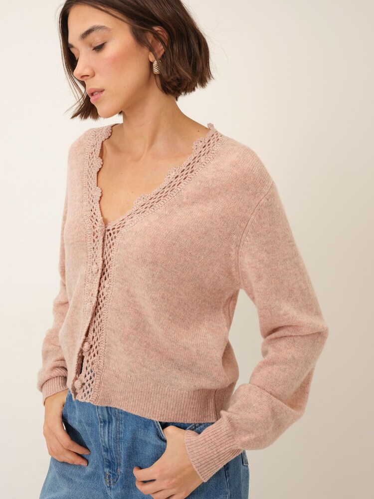 Nobodys Child Pink Crochet Trim V-Neck Cardigan - Image 4 of 4